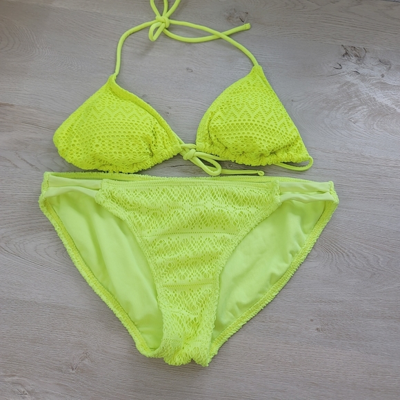💕 Neon Yellow Lace Two Pieces Swim Bikini Set Women's Size Small Medium - Picture 2 of 8